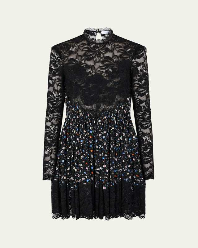 High Neck Lace Long-Sleeve Floral Mini Dress